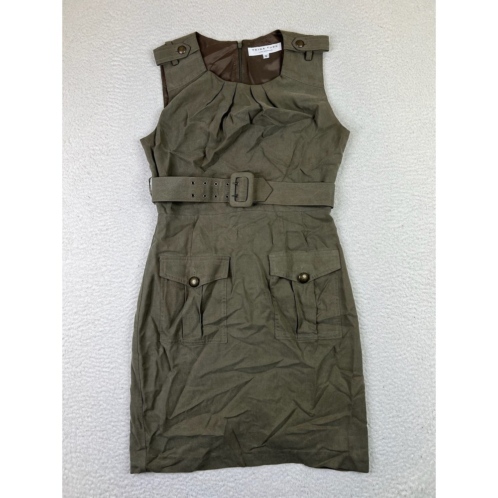 Trina Turk Womens Olive Green Belted Utility‎ Sheath Dress Size 6 2106731 USA